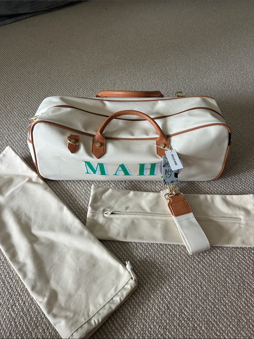 BLVD Cream Canvas Mahjong Tote Bag with Tan Trim and Green and Blue Lettering